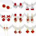 Silver Needle Red Gemstone Geometric Drop Earrings, Luxury Crystal Zircon Stud Earrings For Women view 1