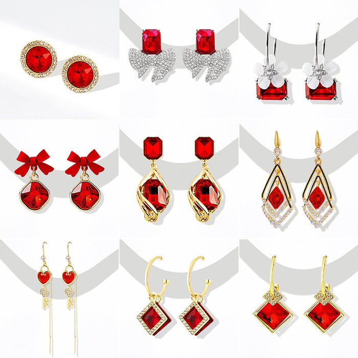 Silver Needle Red Gemstone Geometric Drop Earrings, Luxury Crystal Zircon Stud Earrings For Women