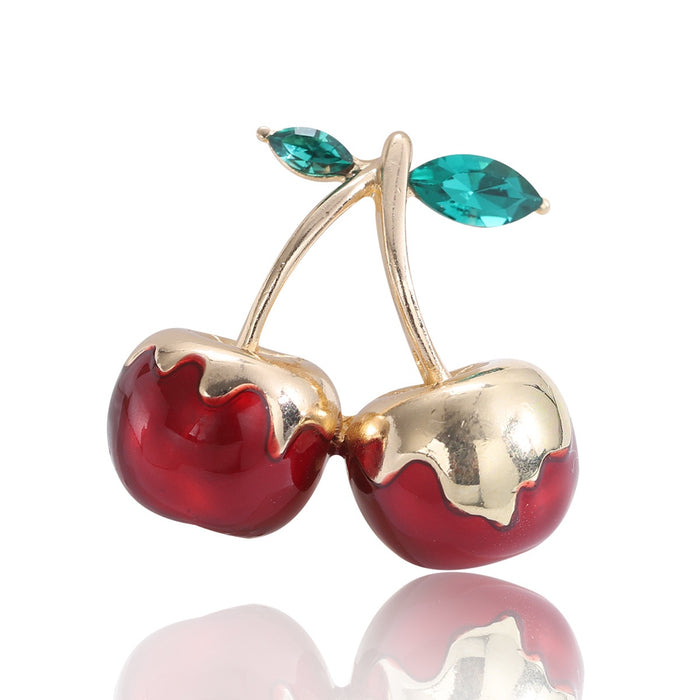 Alloy Rhinestone Enamel Cherry Brooch For Unisex Clothing Decoration