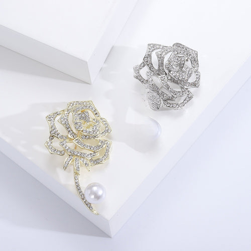 Handmade Alloy Rhinestone Rose Pearl Brooch Pin For Apparel Accessories
