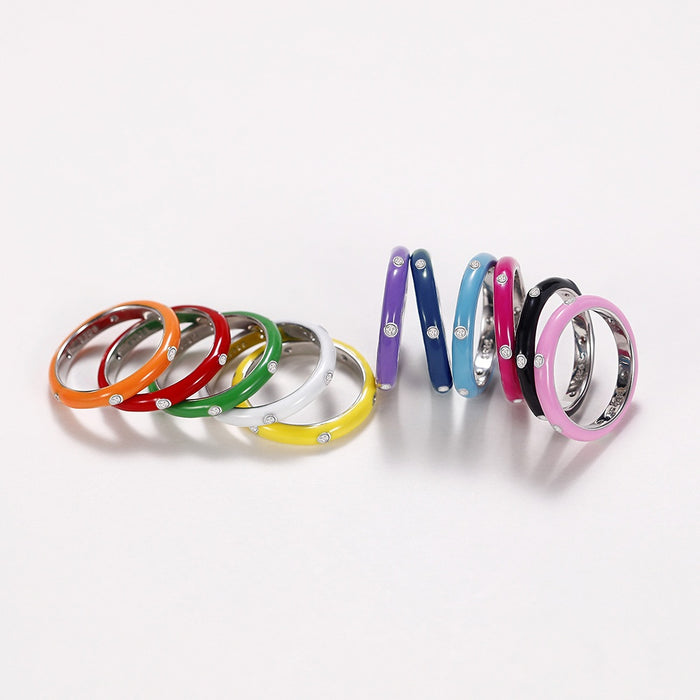 Summer Rainbow Enamel Drip Oil Ring With Zircon, Minimalist Style Colorful Finger Jewelry