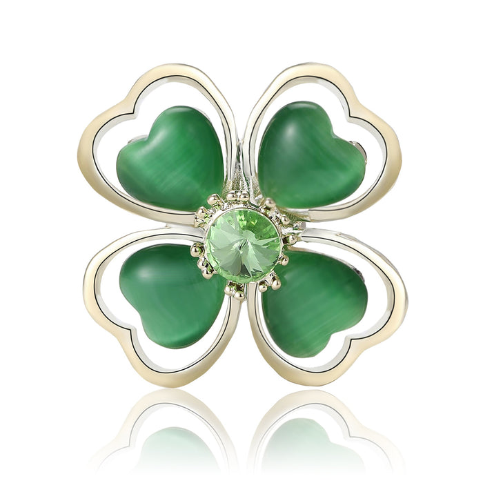 Alloy Cat Eye Stone Four Leaf Clover Brooch Pin For Apparel