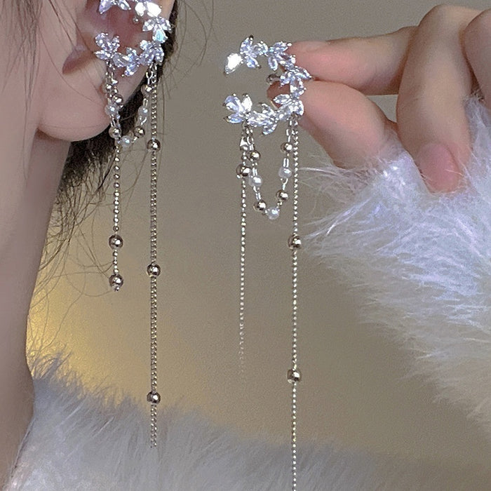 Copper Zircon Crescent C-Shaped Pearl Tassel Clip-on Earrings Korean Fashion No-Piercing Ear Cuffs