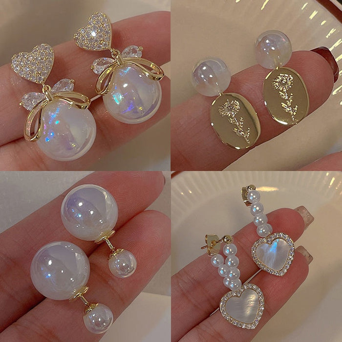 Copper Zircon Heart Bow Pearl Stud Earrings Korean Elegant OL Fashion Jewelry for Women