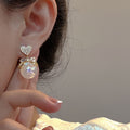 Copper Zircon Heart Bow Pearl Stud Earrings Korean Elegant OL Fashion Jewelry for Women view 2