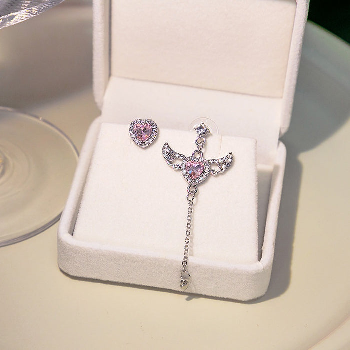 Elegant Cupid Angel Heart Wing Tassel Alloy Pink Zircon Rhinestone Asymmetric Stud Dangle Earrings