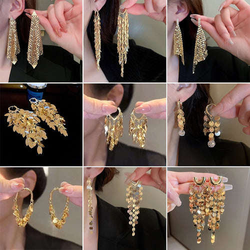 Metal Leaf Sequin Tassel Geometric Drop Earrings, European American Statement Style