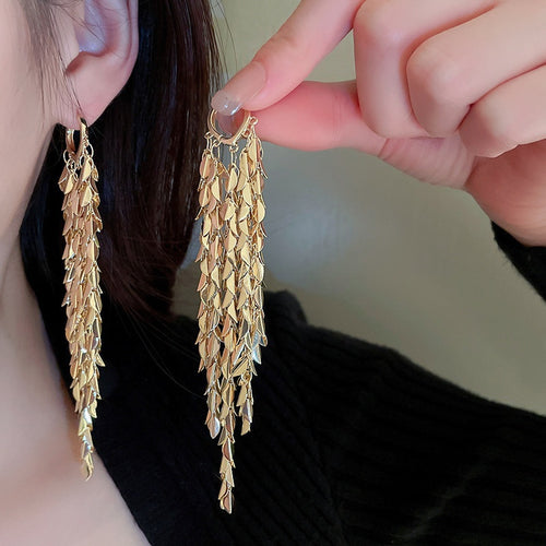 Metal Leaf Sequin Tassel Geometric Drop Earrings, European American Statement Style