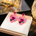 Sweet Pink Heart Drop Alloy Earrings With Colorful Crystal Rhinestone Accents Luxury Statement Earrings view 1