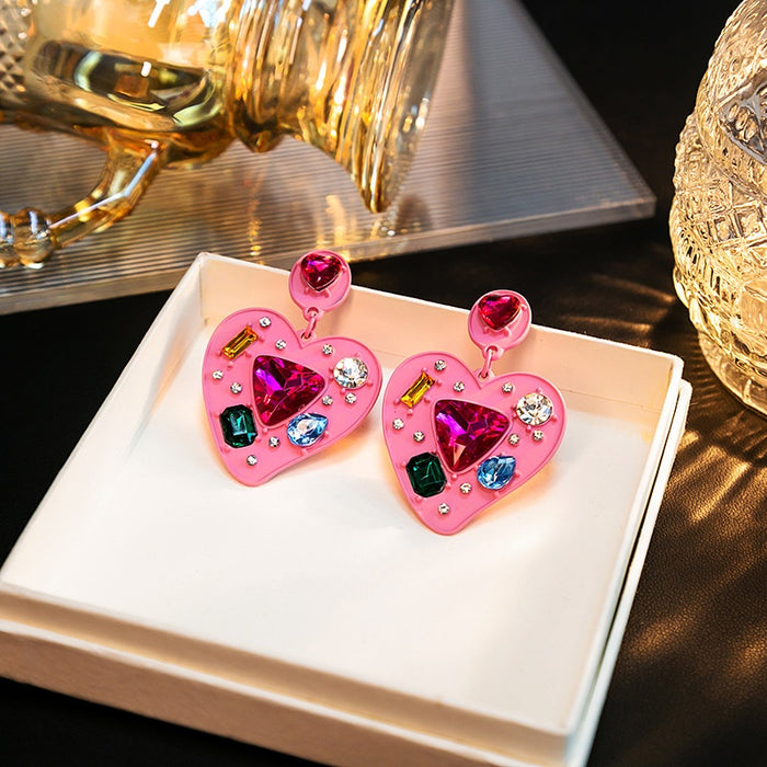 Sweet Pink Heart Drop Alloy Earrings With Colorful Crystal Rhinestone Accents Luxury Statement Earrings