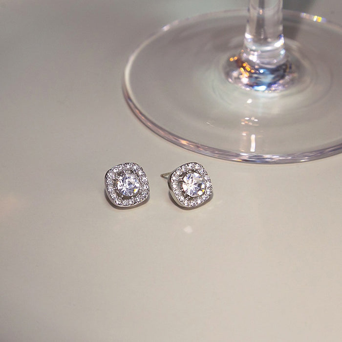 Elegant Luxury Square Zircon Rhinestone Halo Studs, Korean Sweet Hollow Design Fashion Earrings