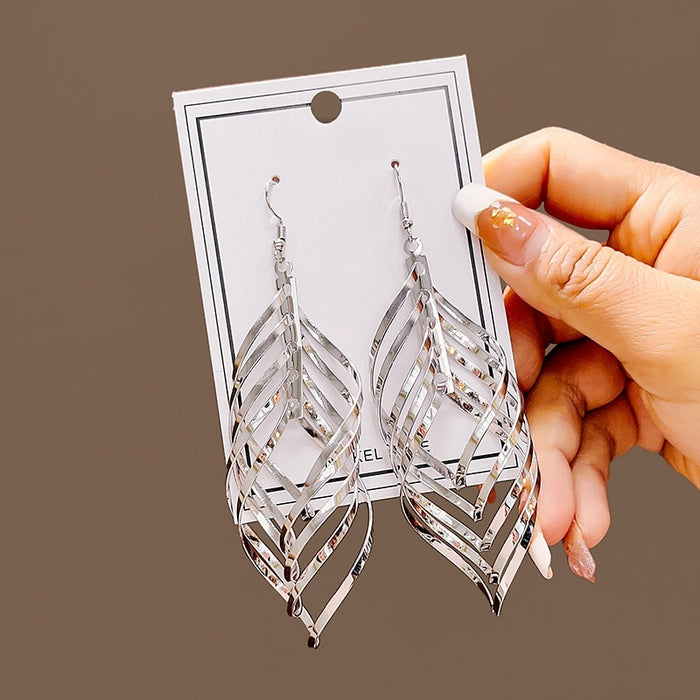 Elegant Silver Alloy Long Leaf Tassel Spiral Hollow Geometric Statement Dangle Drop Earrings