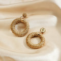 Bohemian Handmade Woven Rattan Round Hoop Alloy Drop Earrings For Beach Vacation Fashion Earrings view 3