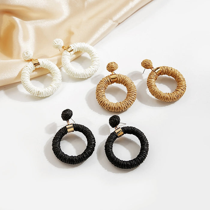 Bohemian Handmade Woven Rattan Round Hoop Alloy Drop Earrings For Beach Vacation Fashion Earrings