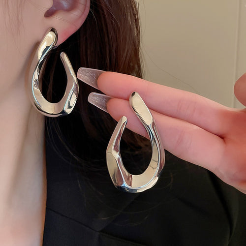 Twisted Oval Geometric Metal Drop Earrings With Silver Pins, Fashion OL Statement Jewelry