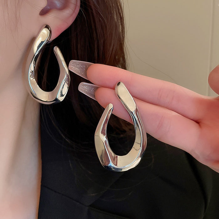 Twisted Oval Geometric Metal Drop Earrings With Silver Pins, Fashion OL Statement Jewelry