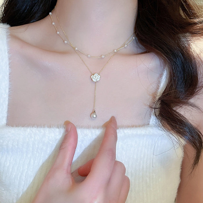 Sweet Camellia Flower Double Layer Alloy Necklace, Minimalist Light Luxury Collarbone Choker For Women