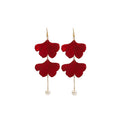 Elegant Rose Red Enamel Ginkgo Leaf Statement Long Tassel Drop With Gold Chain Pearl Dangle Earrings view 5