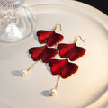 Elegant Rose Red Enamel Ginkgo Leaf Statement Long Tassel Drop With Gold Chain Pearl Dangle Earrings view 4