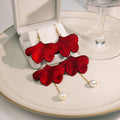 Elegant Rose Red Enamel Ginkgo Leaf Statement Long Tassel Drop With Gold Chain Pearl Dangle Earrings view 2