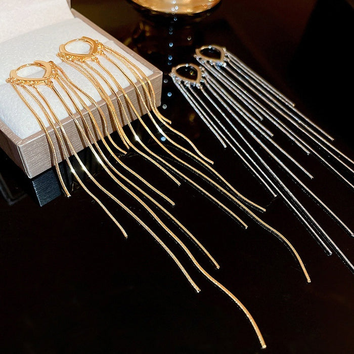 Gold Plated Copper Teardrop Long Tassel Drop Earrings Elegant Fashion Design