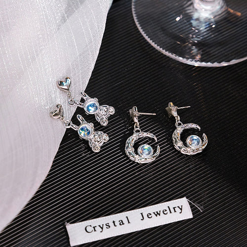 Cute Silver Alloy Zircon Moonstone Crescent Moon Star Astronaut Stud Drop Women's Fashion Earrings