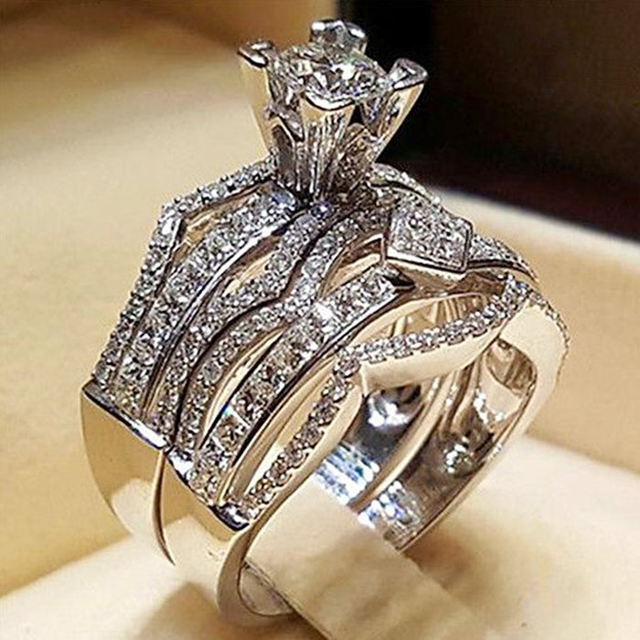 Full Pave Eight Hearts Eight Arrows Zircon Ring Set, European Party Engagement Rings