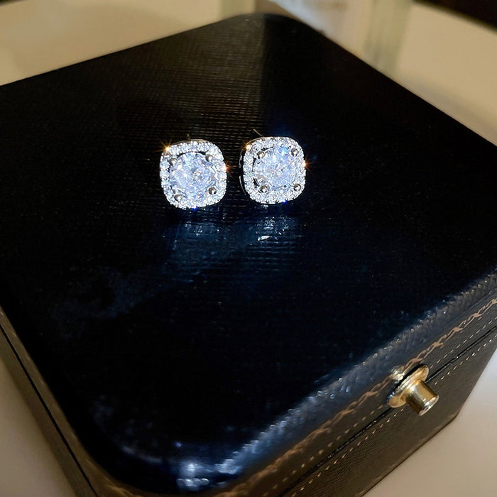 Korean Style Zircon Square Copper Stud Earrings Geometric Minimalist Fashion Jewelry For Women