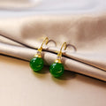 Vintage Chinese Style Green Agate Round Bead Dangle Hoop Alloy Leverback Elegant Women's Earrings view 3