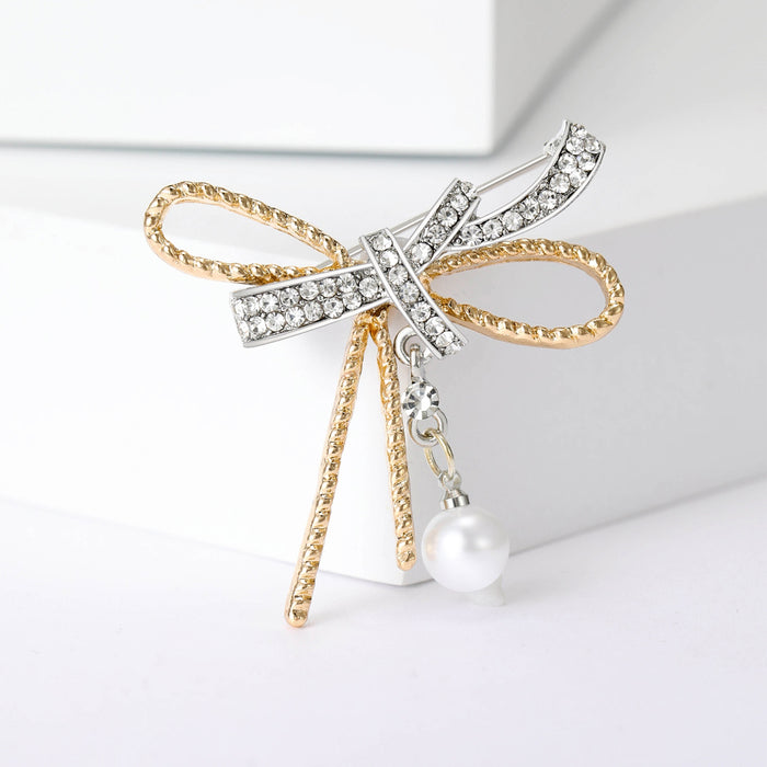 Alloy Rhinestone Textured Bow Brooch For Suit Lapel Decoration
