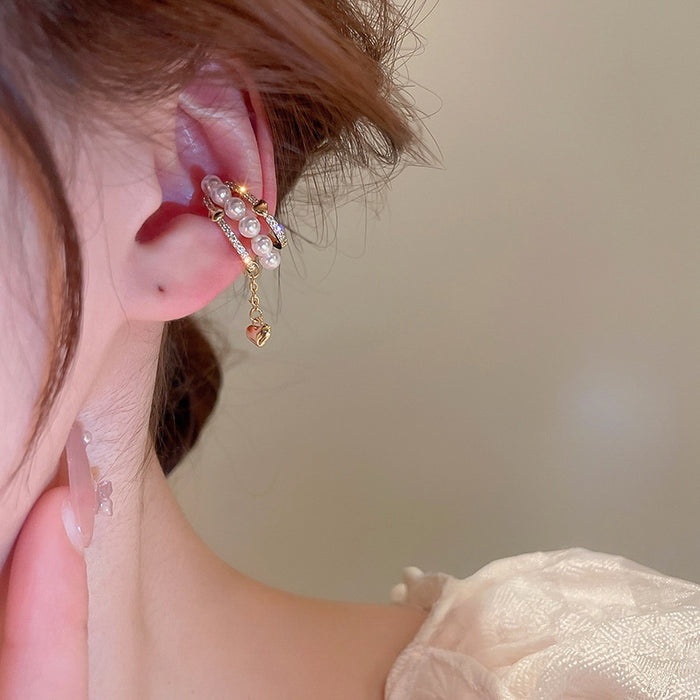 Gold Plated Copper Hollow Heart Zircon Pearl Chain Tassel Clip-on Earrings For Women