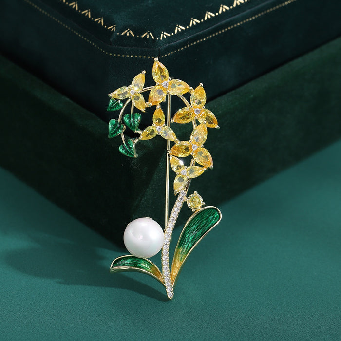 Copper Enamel Orchid Brooch With Zircon For Elegant Floral Apparel