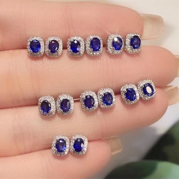 Vintage French Palace Style Mini Stud Earrings With Four Prong Oval Sapphire Blue Zircon