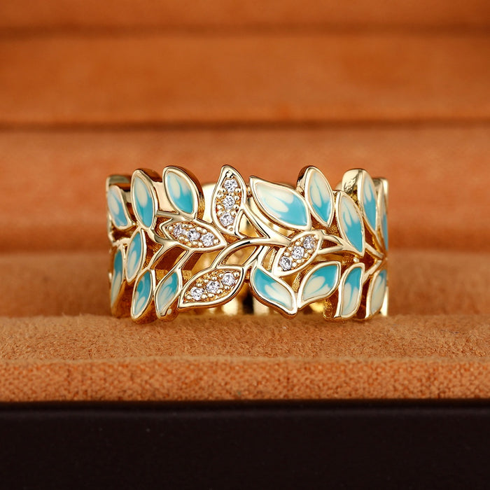 Stone Inlaid Enamel Drip Glaze Leaf Ring, Simple Fashion Party Jewelry For Women
