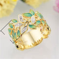 Stone Inlaid Enamel Drip Glaze Leaf Ring, Simple Fashion Party Jewelry For Women view 5