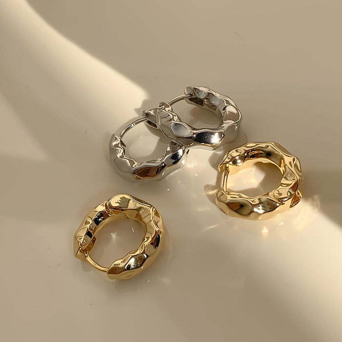 Gold Plated Metal Crinkled Circle Hoop Earrings Geometric Light Luxury Fashion Jewelry