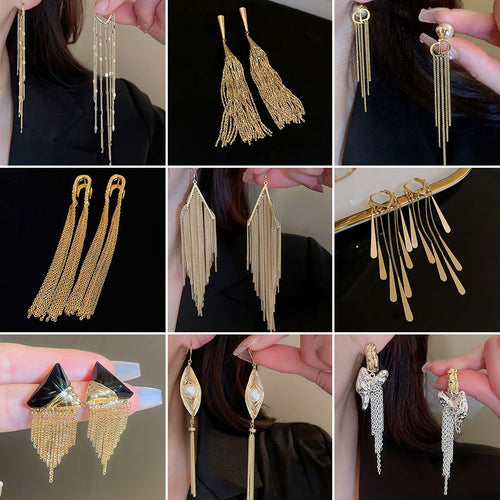Metal Geometric Chain Tassel Drop Earrings, Long Statement Stud Style Fashion Jewelry