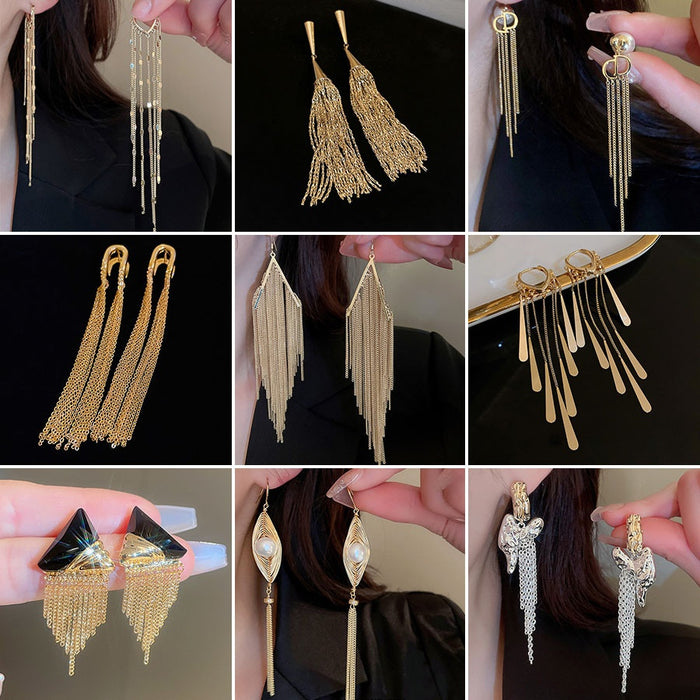 Metal Geometric Chain Tassel Drop Earrings, Long Statement Stud Style Fashion Jewelry