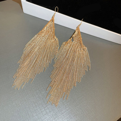 Metal Geometric Chain Tassel Drop Earrings, Long Statement Stud Style Fashion Jewelry