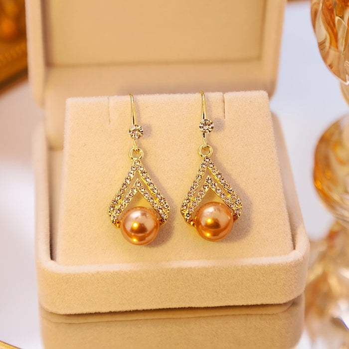 Elegant Champagne Pearl Geometric Teardrop Rhinestone Gold Alloy Dangle Earrings for Women Luxury Earrings