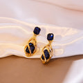 Vintage Baroque Gold Alloy Swirl Teardrop Blue Crystal Rhinestone Geometric Dangle Earrings view 4