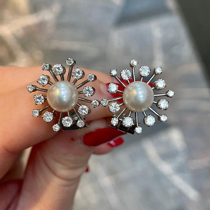 Zircon Snowflake Imitation Pearl Stud Earrings For Women Fresh Trendy Fashion Jewelry