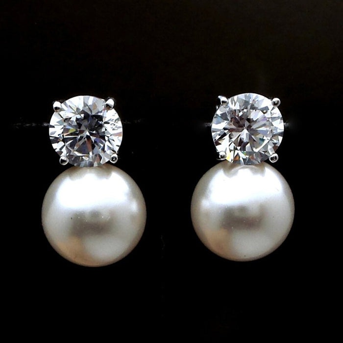 Elegant Women's Simulated Pearl And Single Zircon Stud Earrings, Fashion Dinner Party Jewelry