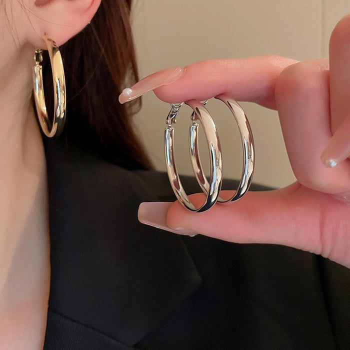 Korean Chic Metal Round Plain Hoop Earrings With Silver Needles Minimalist Geometric Ear Jewelry