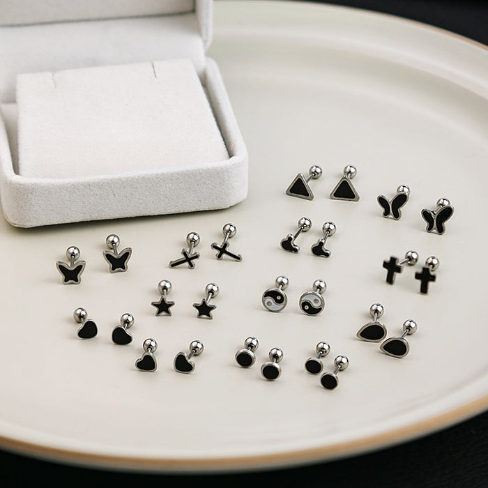 Stainless Steel Geometric Black Stud Earrings Cross Heart Oil Drip Simple Drop Earrings