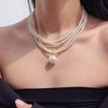French Vintage Multi Layer Pearl Necklace Long Round Geometric Collarbone Choker view 3