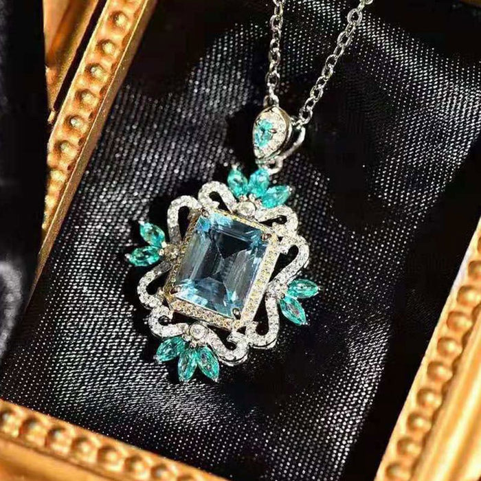Luxury Aquamarine Blue Cubic Zirconia Pendant Necklace, High End Light Luxury Fashion Jewelry
