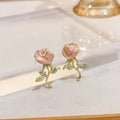Pink Enamel Rose Flower 925 Silver Needle Studs Elegant Sweet Floral Jewelry For Women Earrings view 3