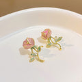 Pink Enamel Rose Flower 925 Silver Needle Studs Elegant Sweet Floral Jewelry For Women Earrings view 2