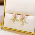Pink Enamel Rose Flower 925 Silver Needle Studs Elegant Sweet Floral Jewelry For Women Earrings view 1